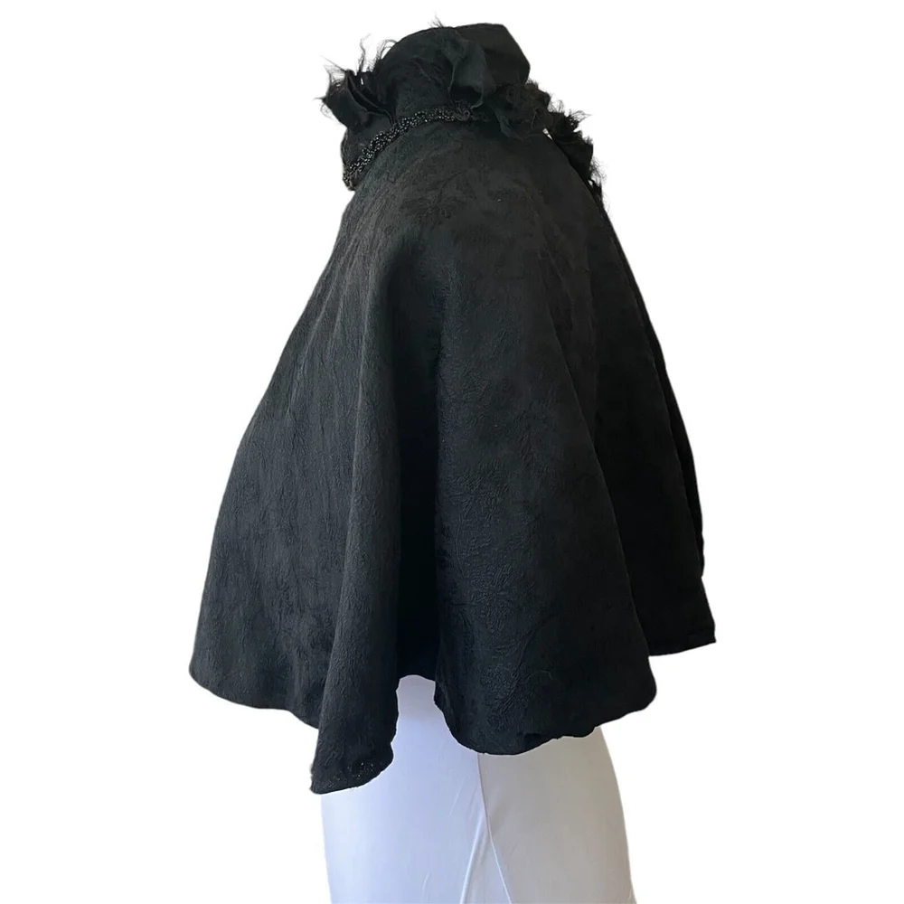 Victorian Edwardian Black Brocade Cape Feather Beaded